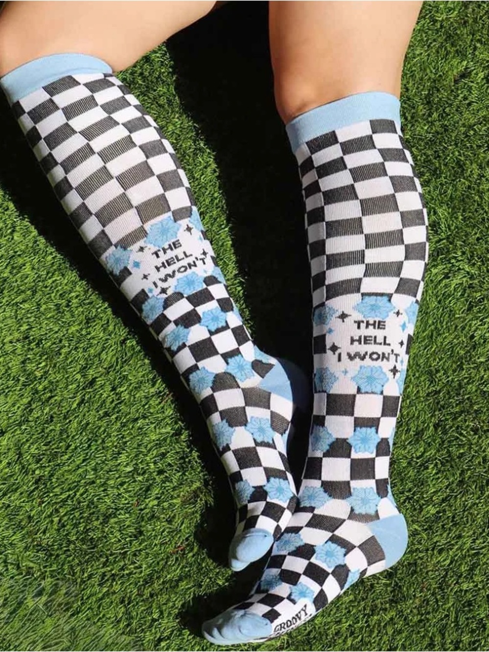 Women’s Black, White & Light Blue Checkered compression Crew Socks